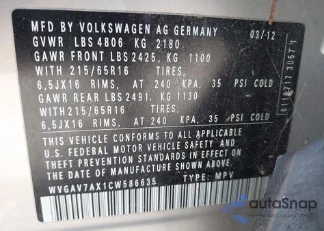 2012 Volkswagen Tiguan S z USA, uszkodzony, nr VIN WVGAV7AX1CW586635